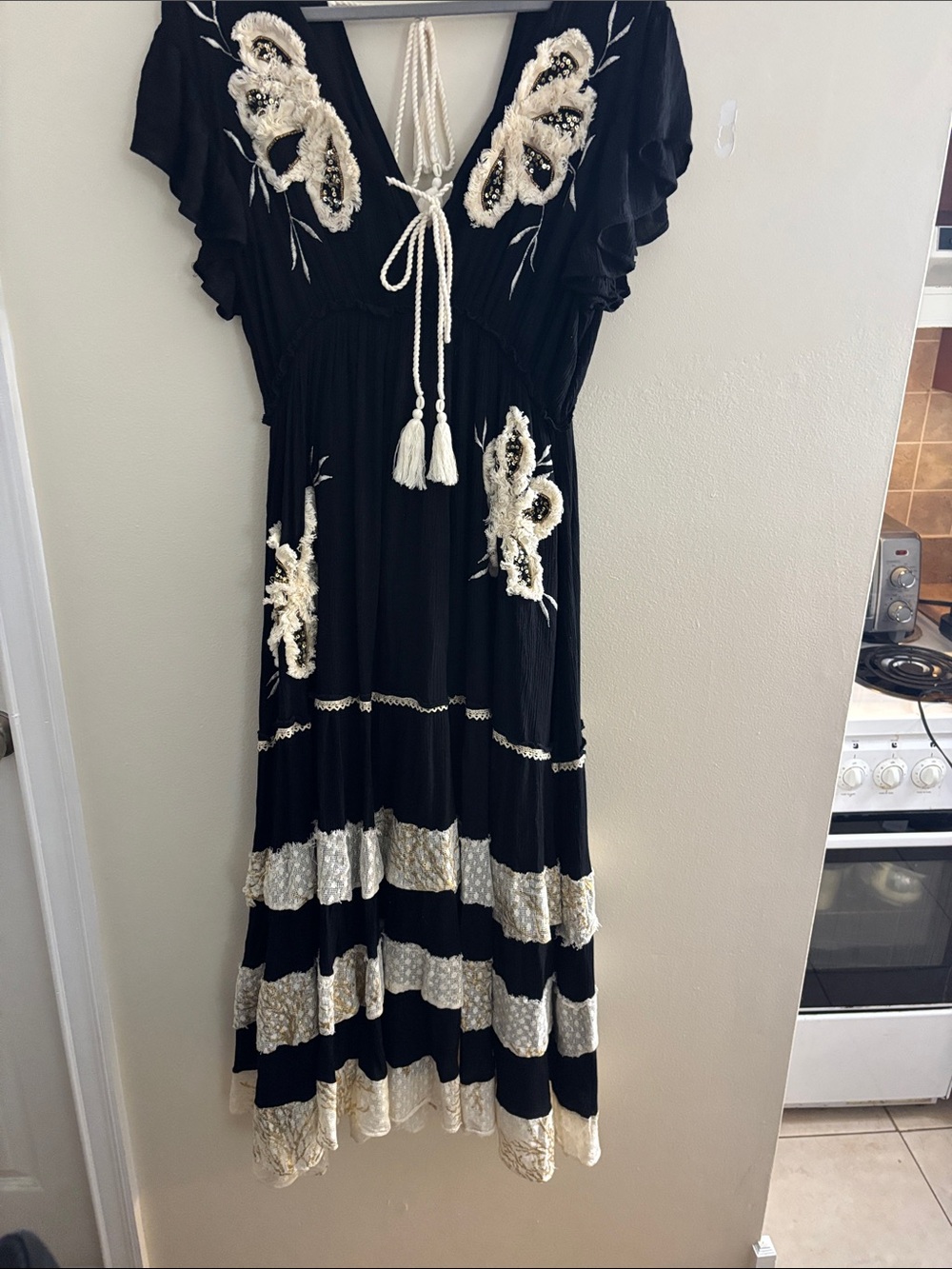 POL Black Midi Dress with Cream Embroidery